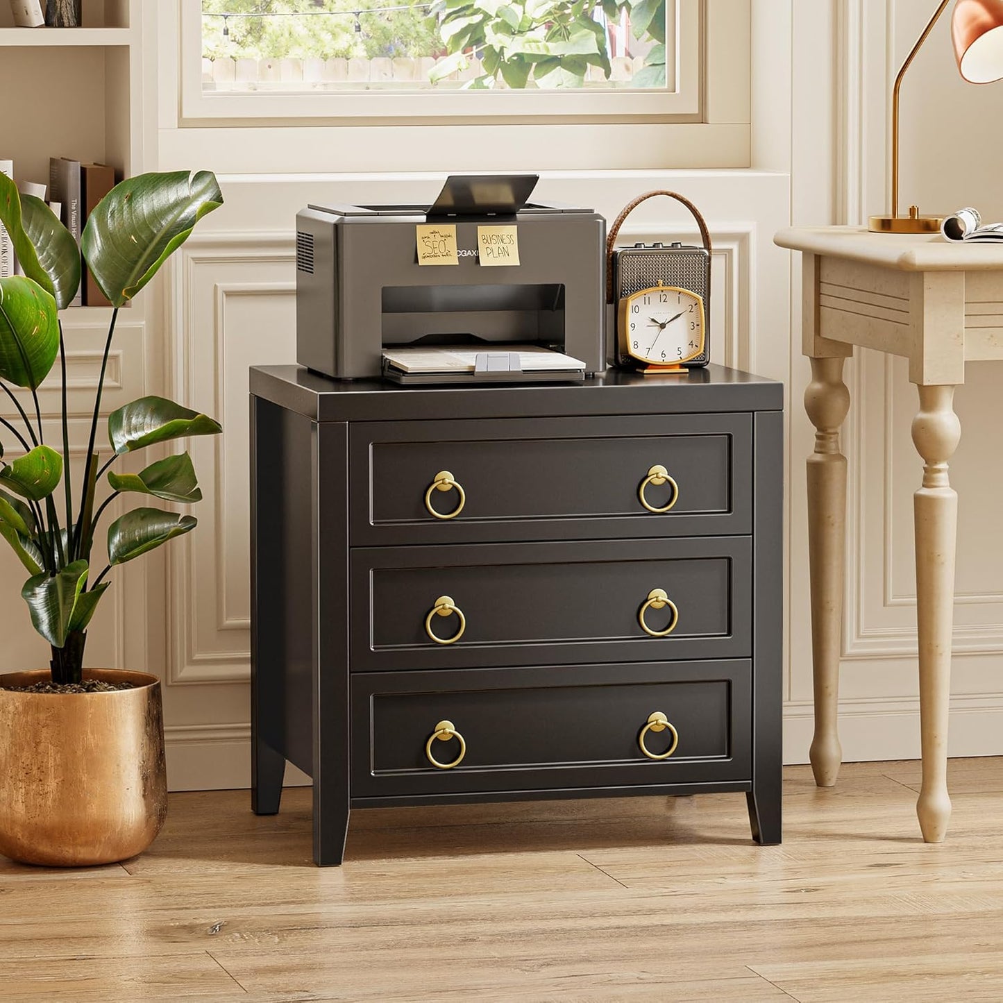 23.6-Inch Modern Nightstand with Charging Station and USB-C Port, Three Drawer Bedside Table, Black Finish