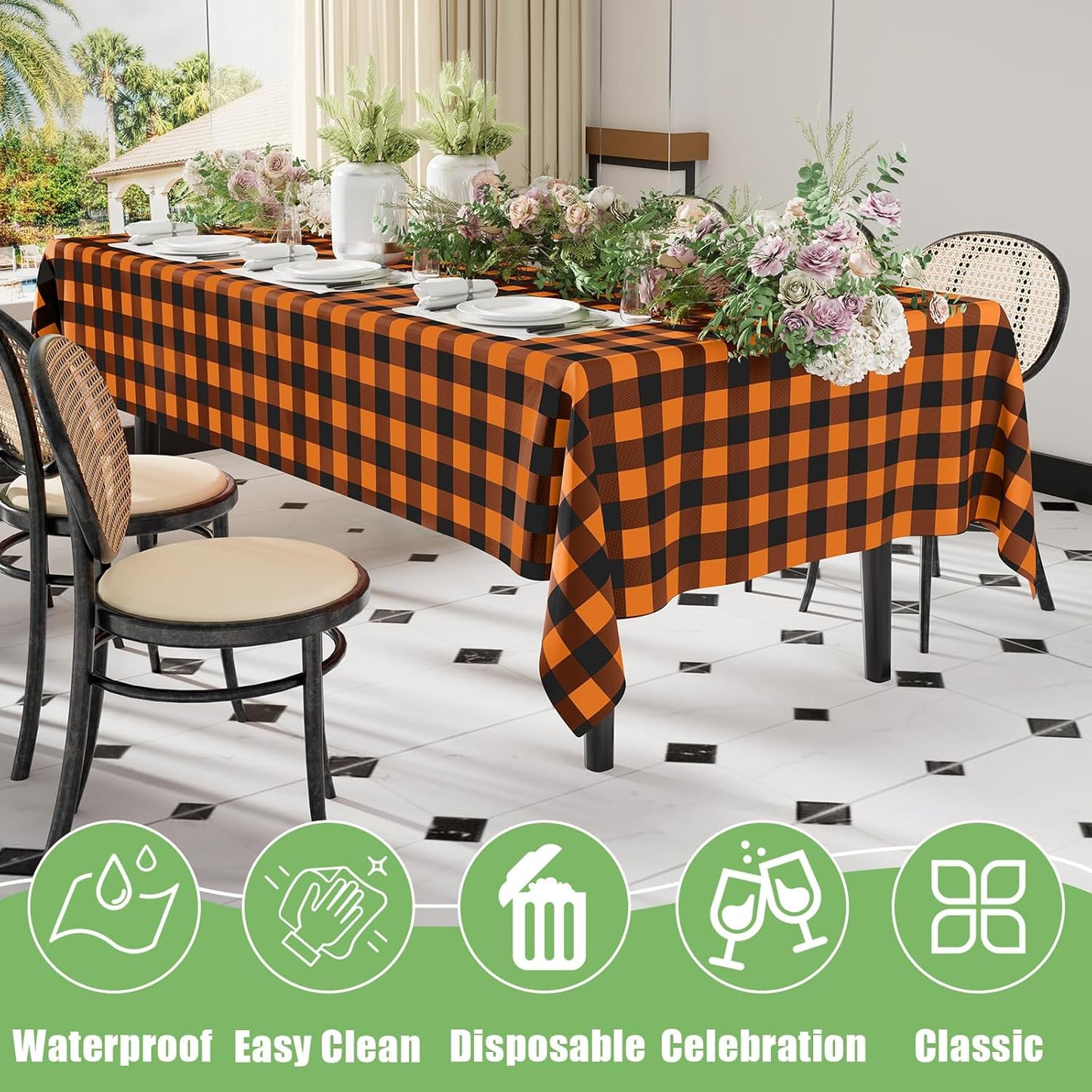 3 Packs Gingham Disposable Table Cloth, 54 X 108 Inch Waterproof Plastic Tablecloth, Rectangle Black and Orange Checkered Table Covers for Picnic, Birthday, Party