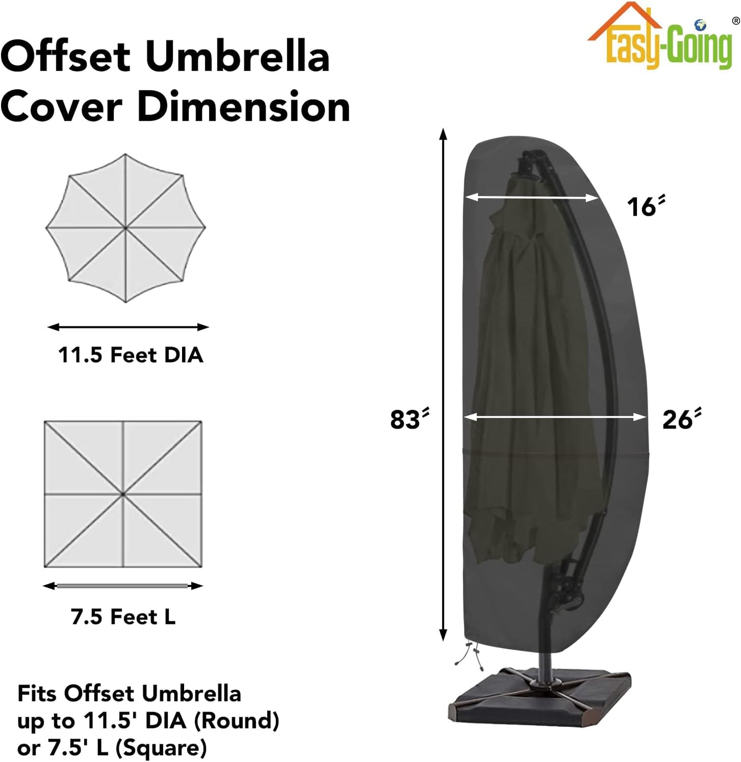 Patio Umbrella Cover Outdoor Offset Umbrella Cover Waterproof Cantilever Parasol Cover for 7.5Ft to 11.5Ft Banana Frame Umbrella, Black