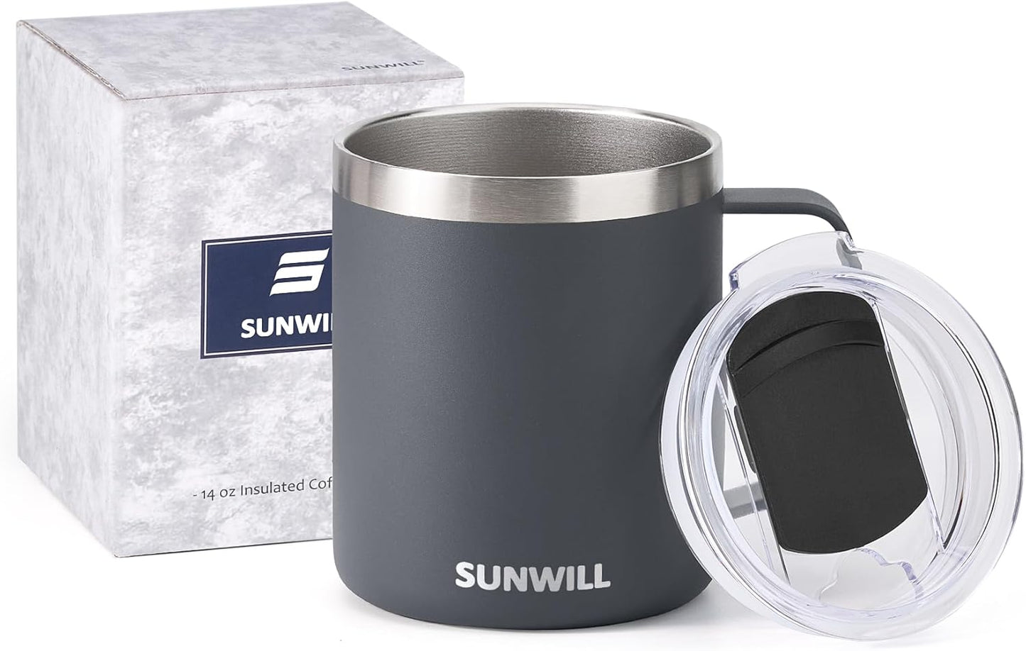 Travel Coffee Mug with Lid, Insulated Tumbler with Handle, 14 Oz Stainless Steel Cup for Home, Office, Camping, Powder Coated Charcoal