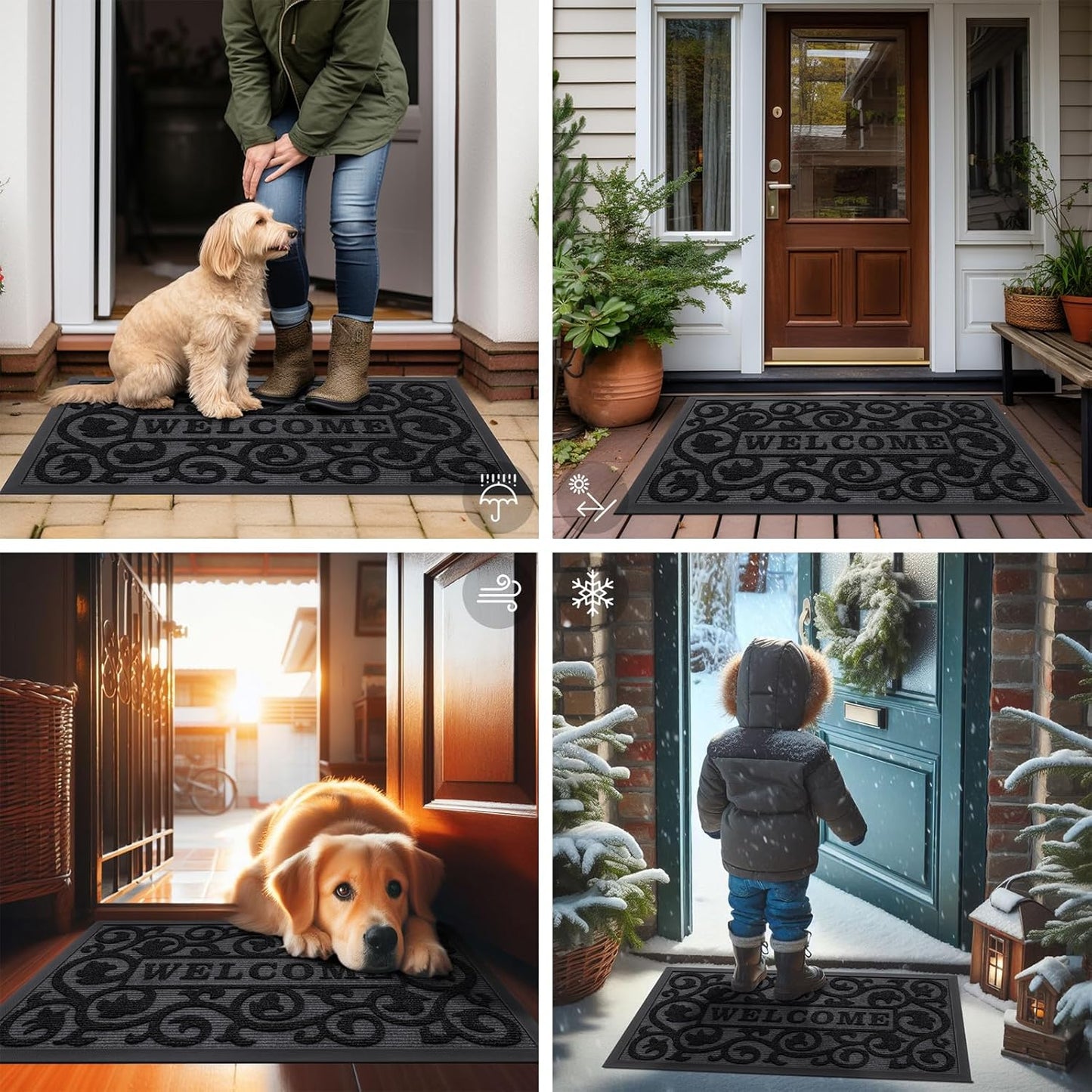 Welcome Door Mat outside Entrance, Heavy Duty Trap Dirt and Moisture Easy Clean Low Profile Patio Porch Indoor Outdoor Front Doormat for Entry, 29.5X17 Inch, Black/Welcome