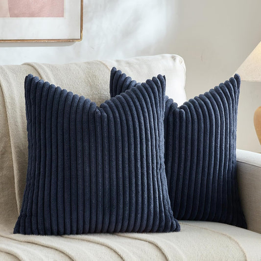 Set of 2 Navy Blue Boho Decorative Throw Pillow Covers 16X16 Inch for Couch Bed Sofa, Aesthetic Modern Bohemian Room Decor, Soft Fuzzy Fluffy Cozy Corduroy Textured Cushion Case 40X40Cm