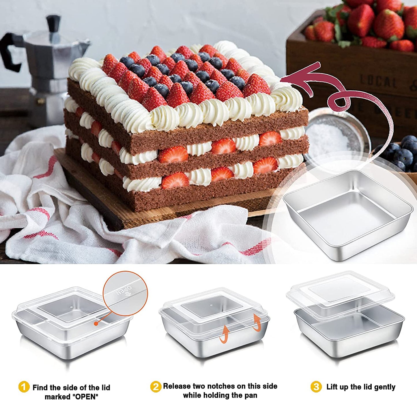 Square Baking Cake Pan with Lid, Stainless Steel Lasagna Brownie Pan and Plastic Cover for Picnic Wedding Birthday, Healthy & Sturdy, Oven & Dishwasher Safe, (8 Inch, 2Pcs)