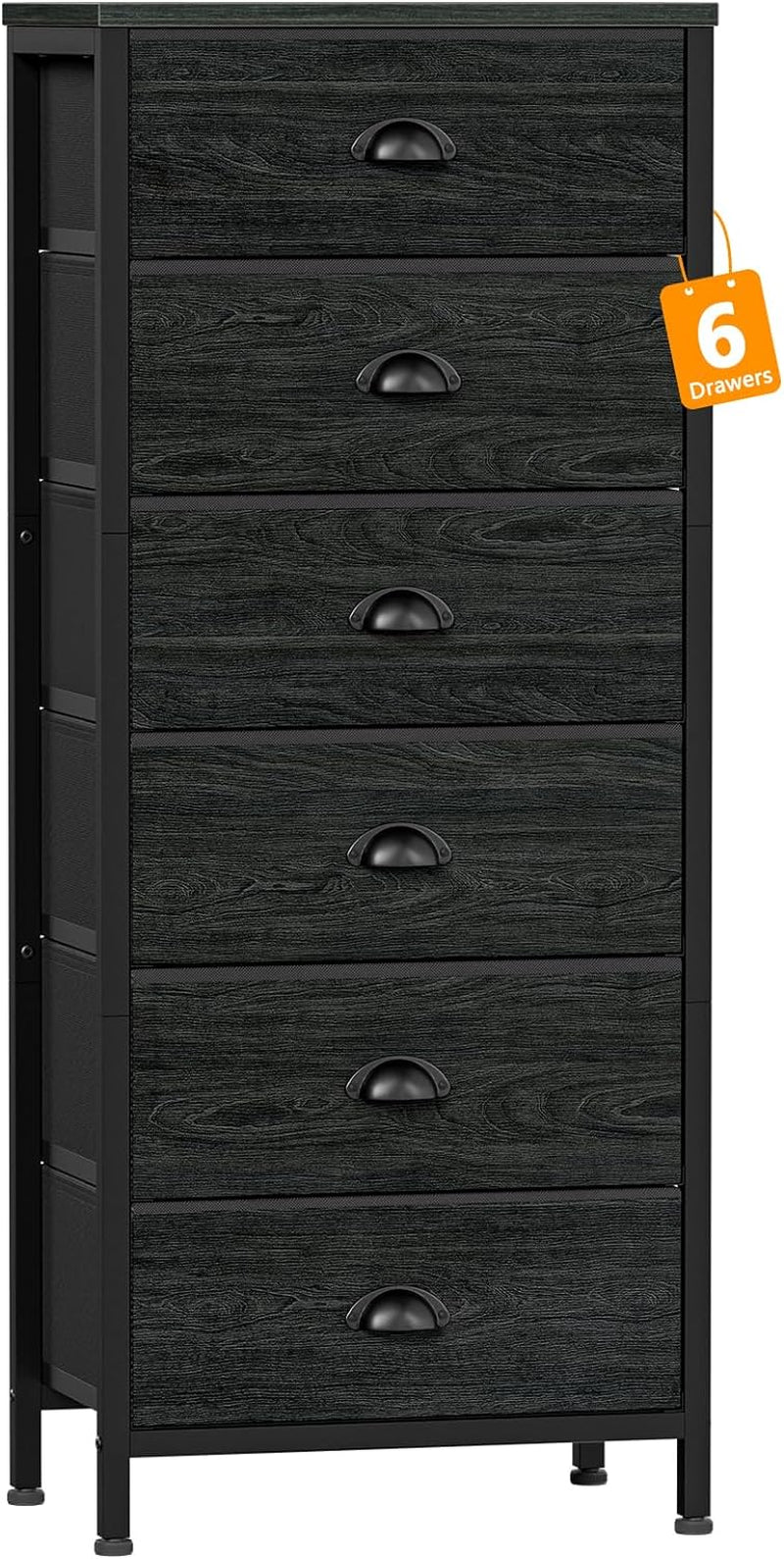 Elegant Tall Dresser with 6 Drawers and Vertical Bedside End Table - Black Storage Tower Nightstand with Fabric Drawer Organizer for Bedroom, Living Room, Closet, and Hallway