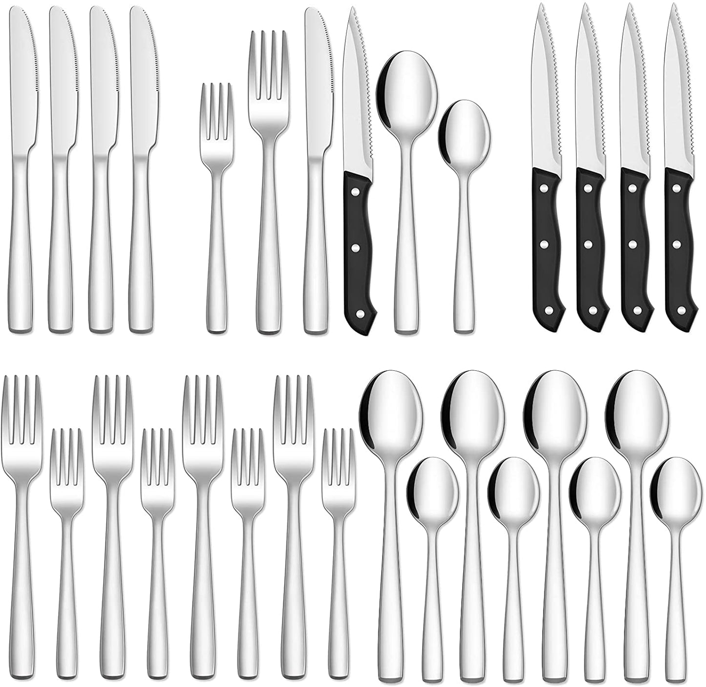 24-Piece Silverware Set with Steak Knives, Stainless Steel Flatware Cutlery, Mirror Polished Flatware Serving Utensils Set for 4, Includes Forks Spoons Knives Silverware, Dishwasher Safe