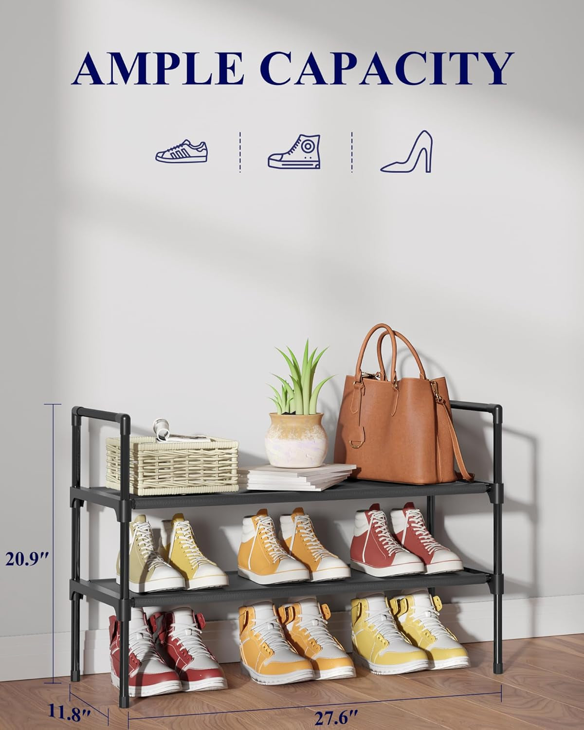 Shoe Rack - 2-Tier Shoe Organizer, Shoe Rack for Closet, Entryway, Bedroom, Easy- Assembly Storage Shelf with Side Handles, 27.6" X 11.8" X 20.9", Black