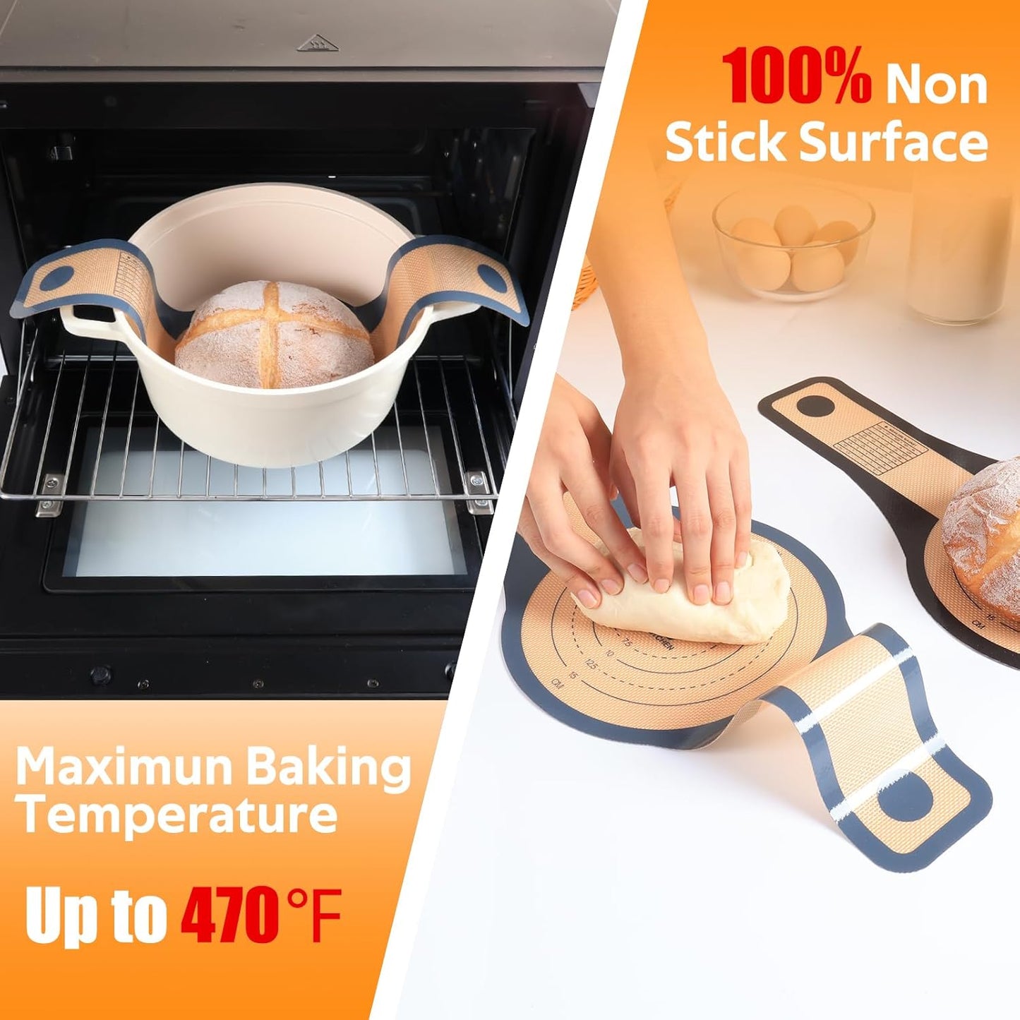 2 Sizes 9.4 & 8.3 Inch Silicone Bread Sling for Dutch Oven 3 Pcs,Wider Non-Stick Silicone Bread Baking Mat for Sourdough,Dough Lifter Liner with Handles (Black,Dark Gray,Brown)