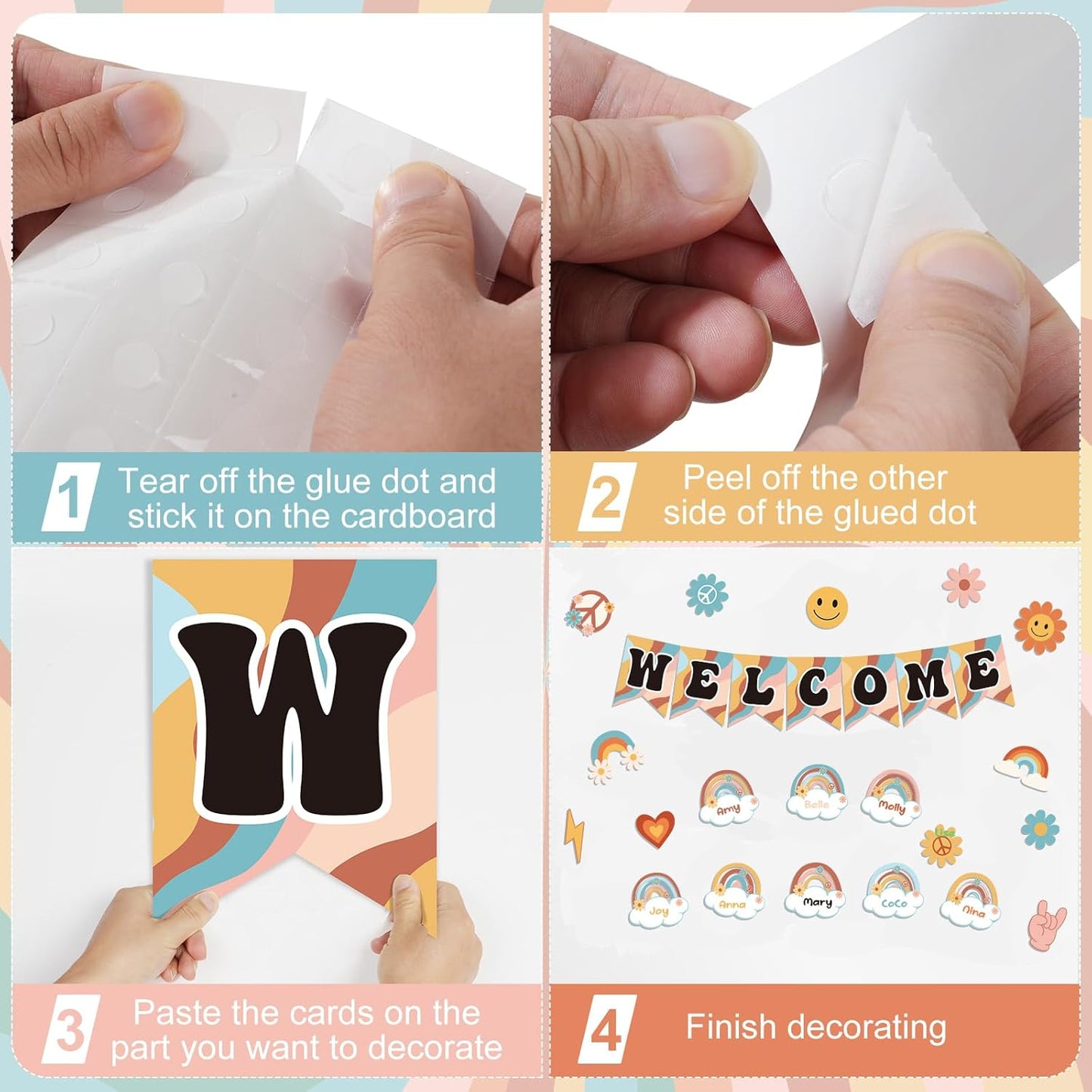 61Pcs Retro Welcome Back to School Bulletin Board Welcome Poster Banner Groovy Rainbow Theme Welcome Sign Decor with Glue Point for First Day of Kindergarten Preschool Classroom Decorations