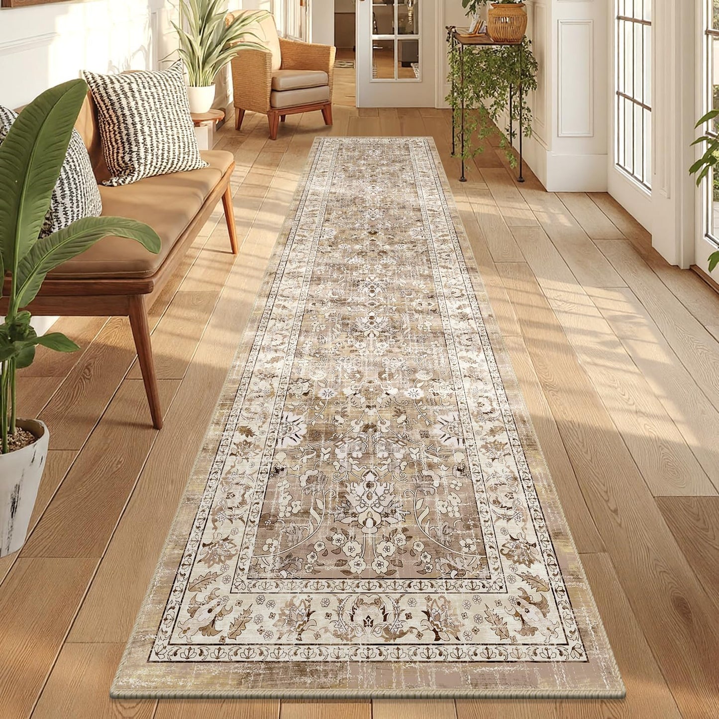 Washable Non-Slip Vintage Hallway Runner Rug, 2x8 ft, Boho Floral Soft Faux Wool Carpet with Rubber Backing for Laundry, Entryway, and Bedroom (Beige Brown)