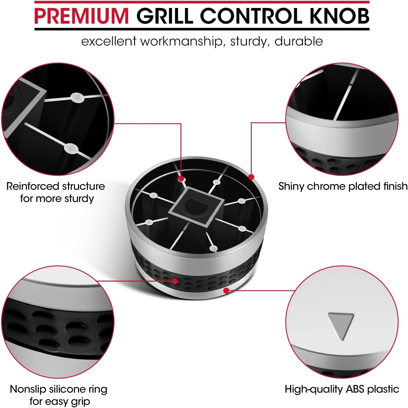 2 Pack Grill Control Knobs Replacement, Chrome Plated Plastic with Nonslip Grip, Fit BBQ Gas Grills with D Shaped Valve Stem, NOT Fit Recessed Flush Valve Stem, Include 2 Knobs and 6 Adaptors