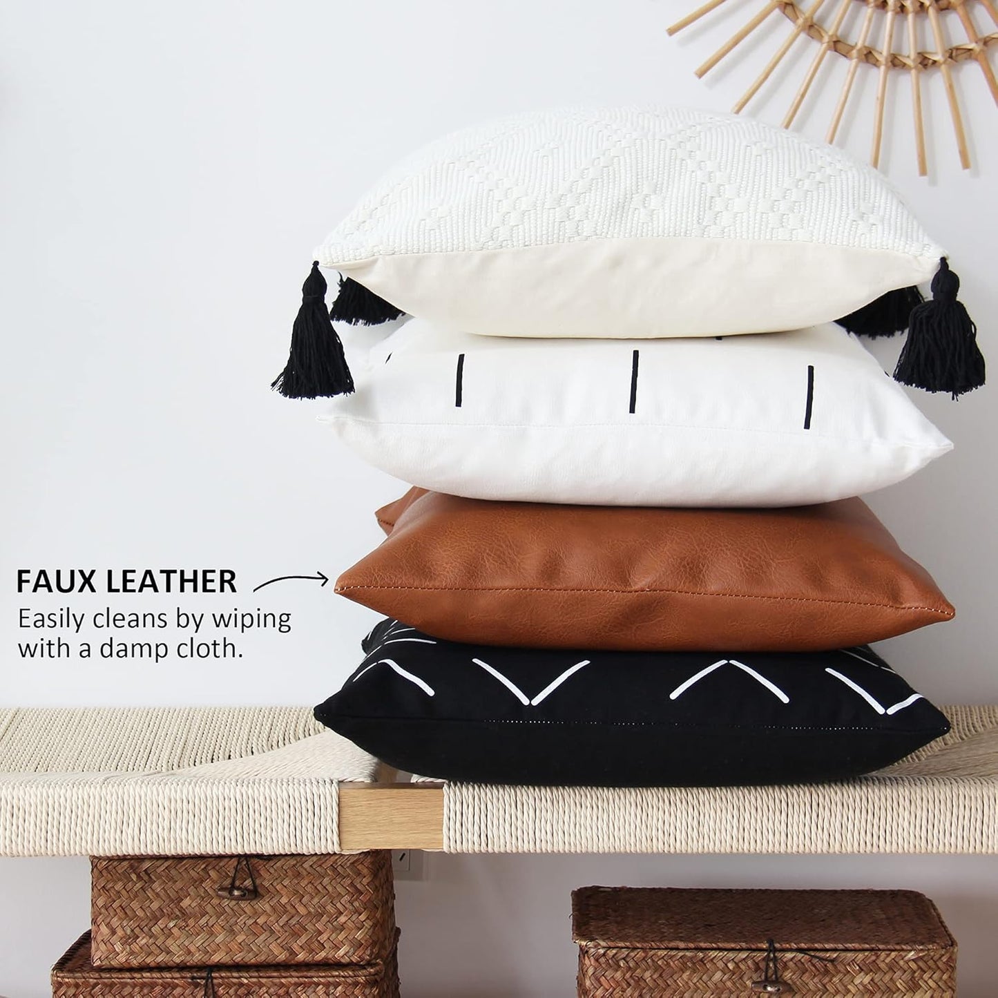 Faux Leather Throw Pillow Covers 20X20 Inch Set of 2 Decorative Modern Boho Farmhouse Pillowcases for Couch Sofa Bed