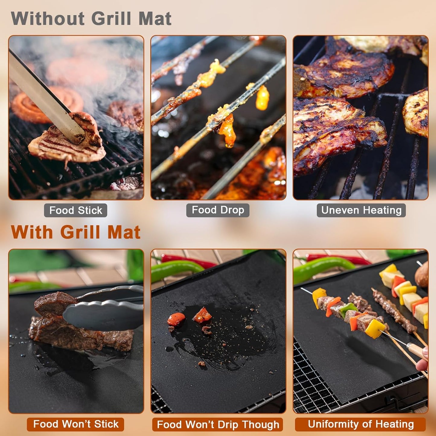 Grill Mats for Outdoor Grill, Set of 6 Reusable Baking Mat Non Stick Heat Resistant Grilling Mat, Grill Accessories Works on Gas Charcoal and Electric BBQ, 15.75 X 13-Inch, Black