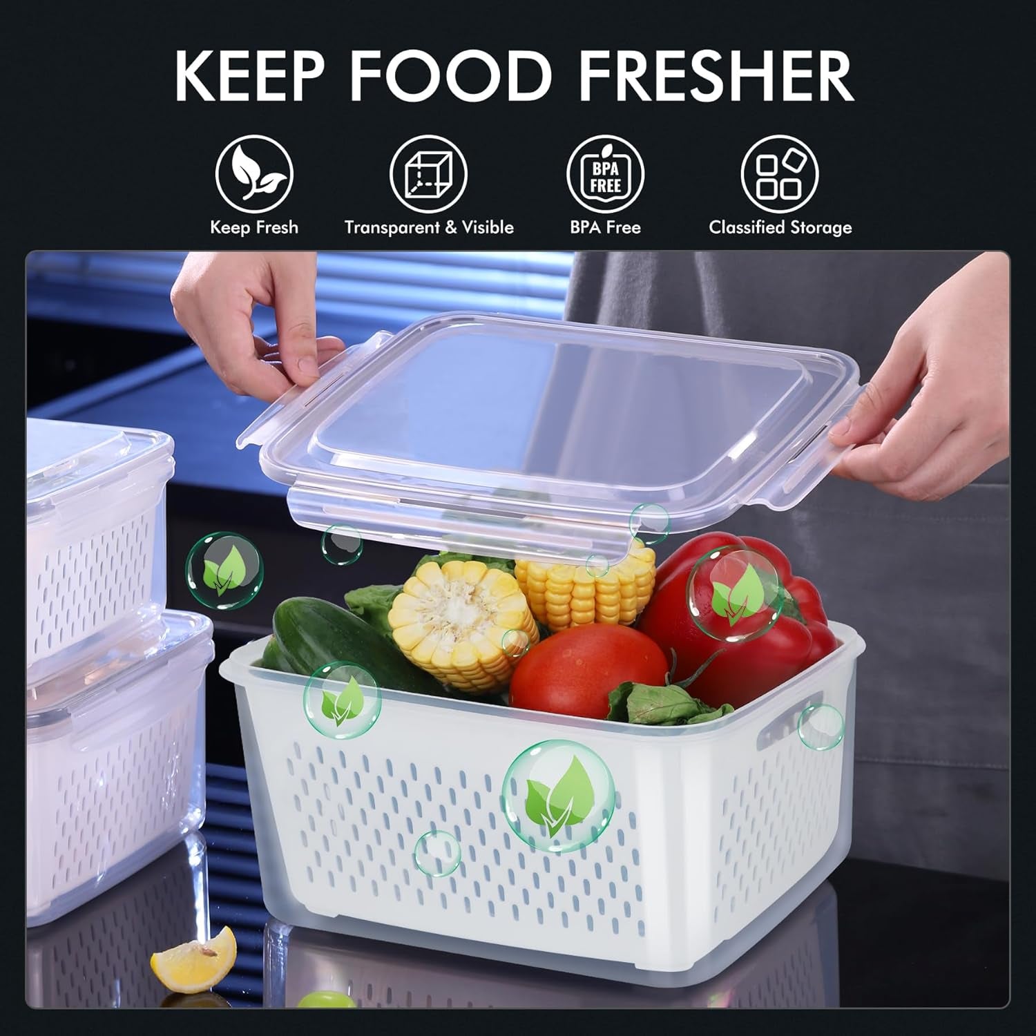 5-Pack Large Fruit Storage Container with Removable Colander, BPA Free Dishwasher & Microwave Safe Largest 4.15L
