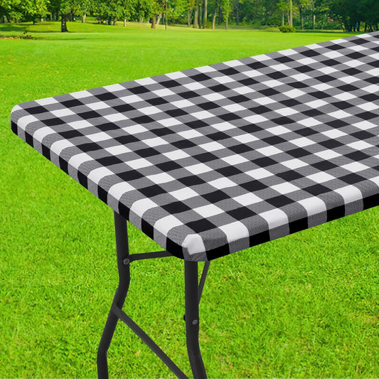 Rectangular Waterproof Fitted Vinyl Picnic Tablecloth, Flannel-Backed Buffalo Plaid Cover for Dining and Outdoor Use (Black and White, 30" x 72")