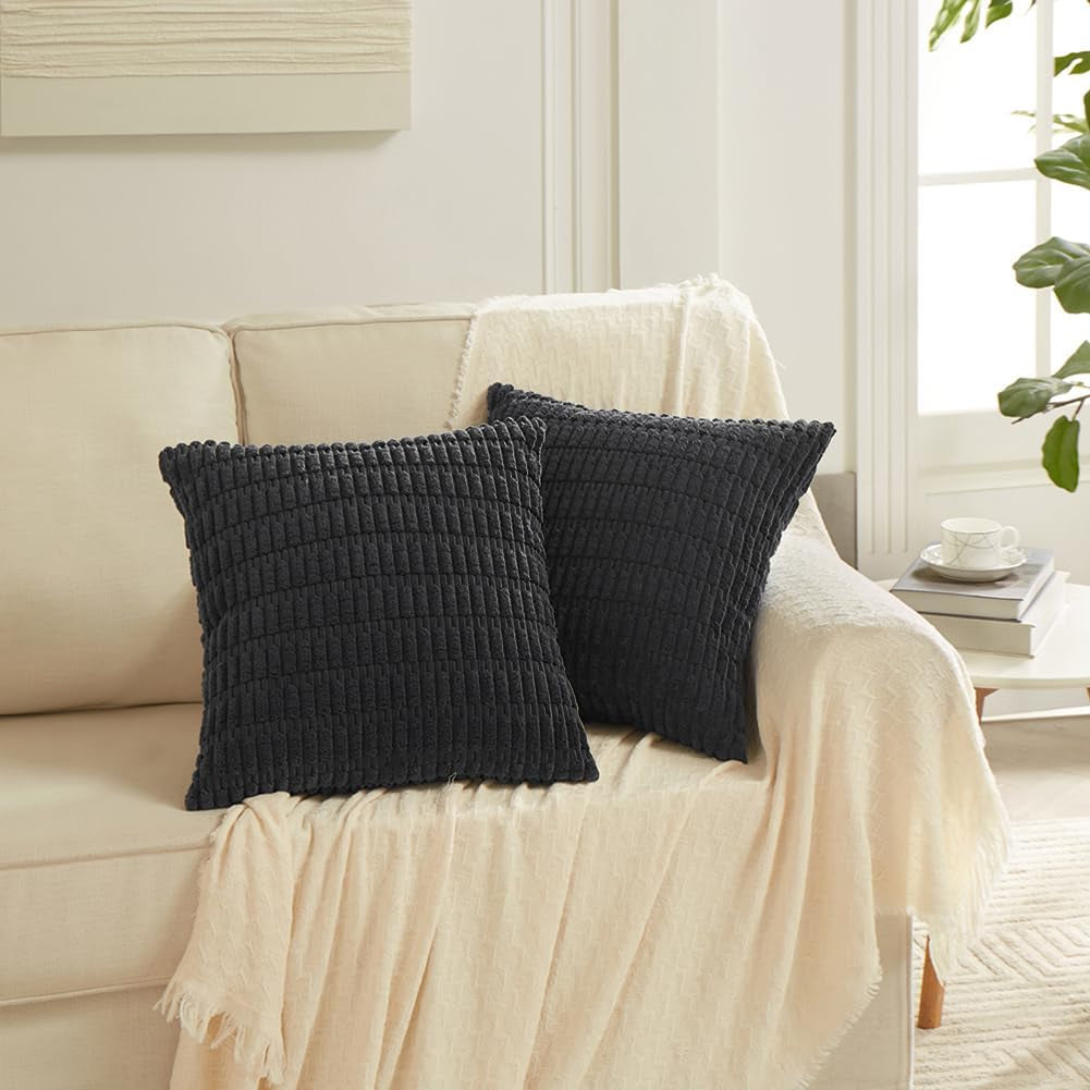 2 Packs Black Decorative Throw Pillow Covers 18X18 Inch for Living Room Couch Bed Sofa, Rustic Farmhouse Boho Home Decor, Soft Striped Corduroy Square Cushion Case 45X45 Cm