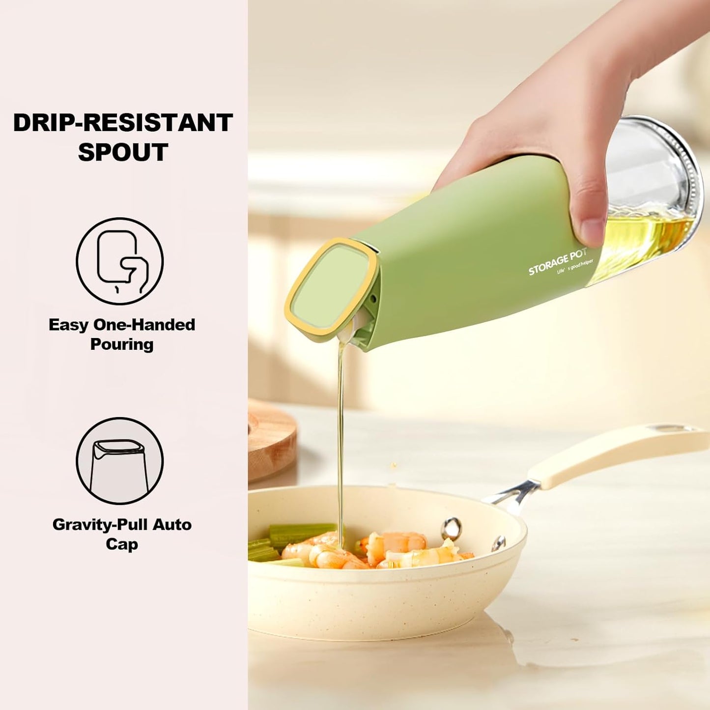 Large Capacity Olive Oil Dispenser - 500ml Glass Vinegar Drizzler, Leak-Proof Oil Bottle, Non-Drip Soy Sauce Dispenser with Pourer and Labels (Green)