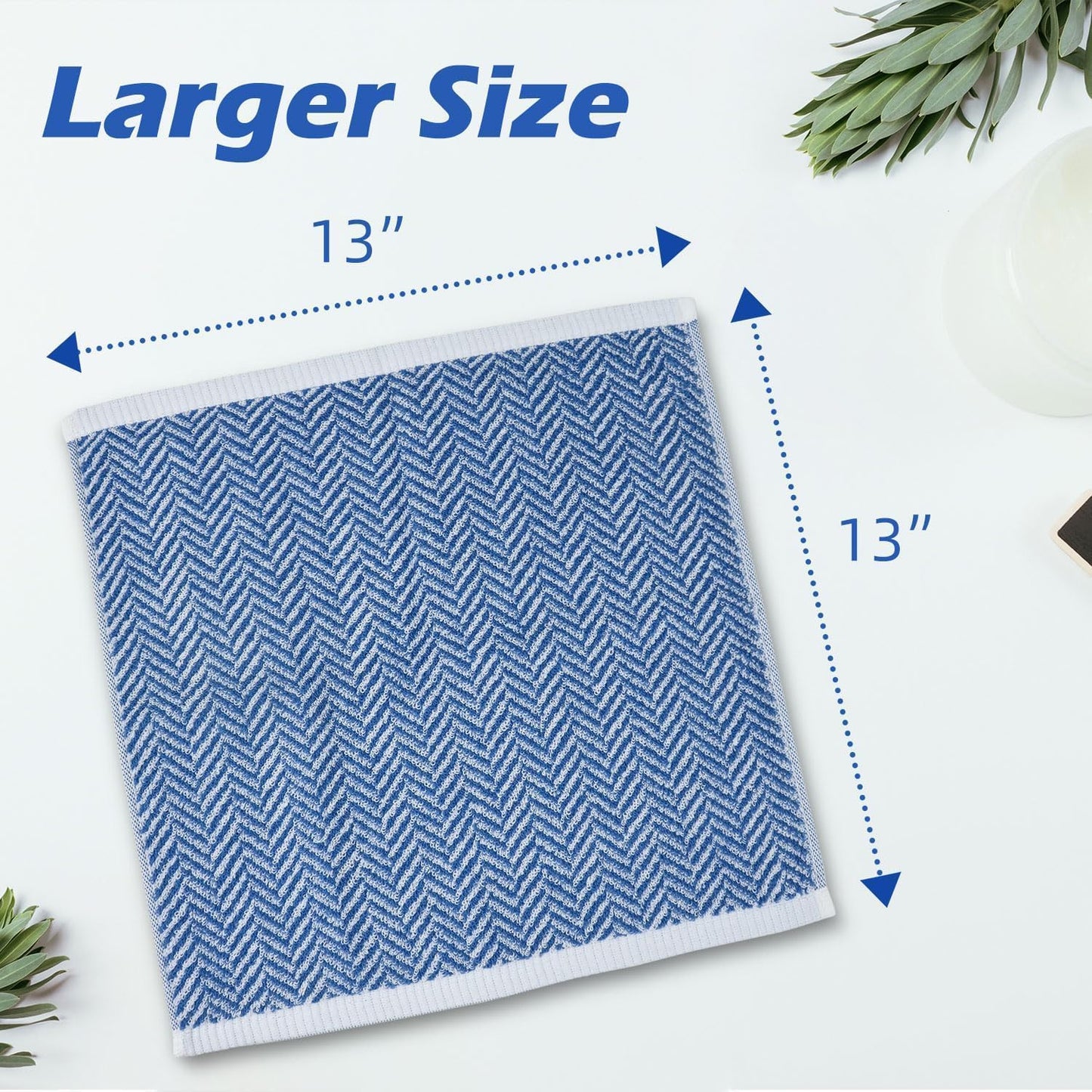 Wash Cloths for Your Face and Body, 12 Washcloths for Showering with Decorative Herringbone Stripes, 100% Cotton, Light Blue, 13 X 13 Inches