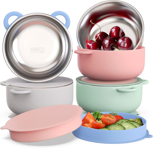 Baby Suction Bowls with Lids 4-Pack, 2-In-1 Stainless Steel 304 Toddler Bowl & Removable Silicone Suction Kids Bowl Plate Set Non Toxic Snack Dishes for Self-Feeding, Sunrise Meadow