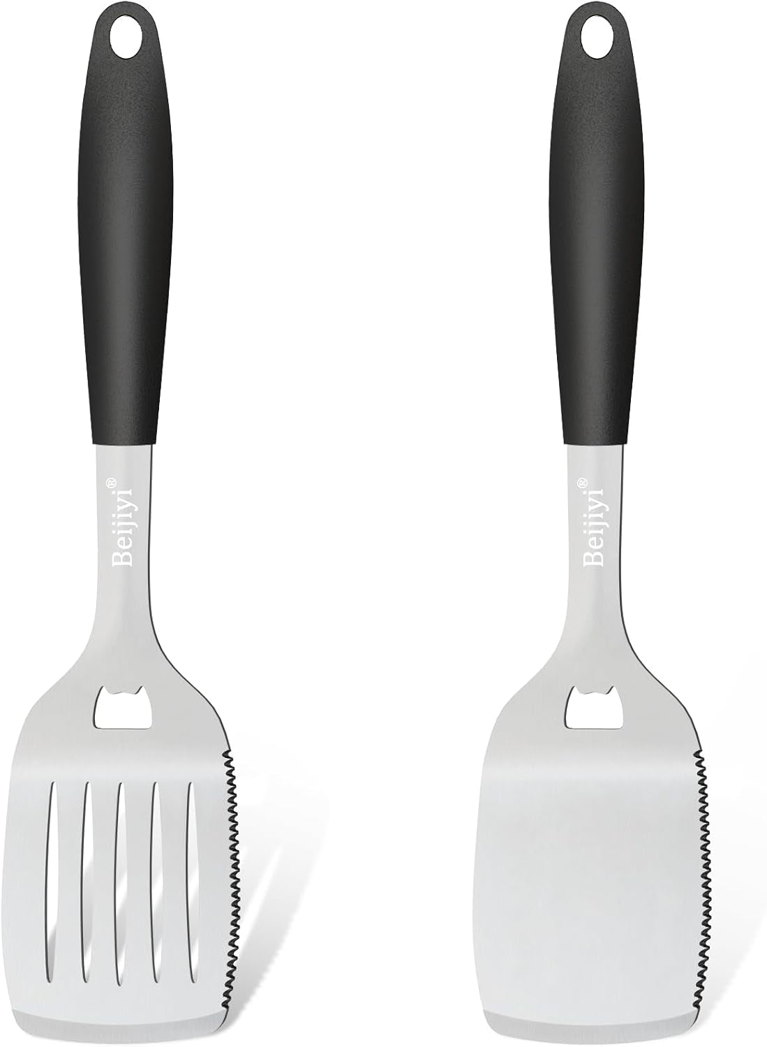 Stainless Steel Grill Spatula for Outdoor Grill, Heavy Duty Metal BBQ Spatula Set with Serrated, Silicone Handle, Solid and Slotted Turner, Grill Tools Burger Spatula for Grilling Cooking