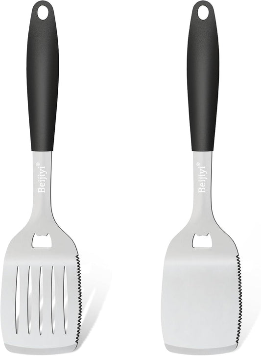 Stainless Steel Grill Spatula for Outdoor Grill, Heavy Duty Metal BBQ Spatula Set with Serrated, Silicone Handle, Solid and Slotted Turner, Grill Tools Burger Spatula for Grilling Cooking