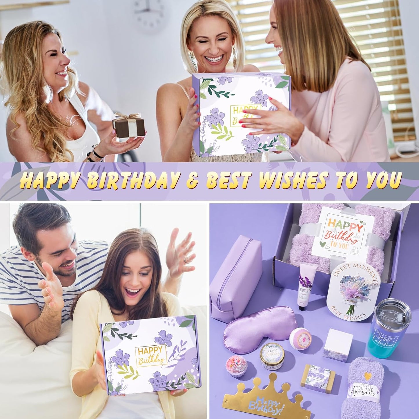 Birthday Gifts for Women Friendship, Unique Happy Birthday Gift Basket for Mom Wife Her Best Friend Sister Girlfriend Coworker W/Flannel Blanket, Luxury Self Care Box Lavender Relaxing Spa Gifts Set