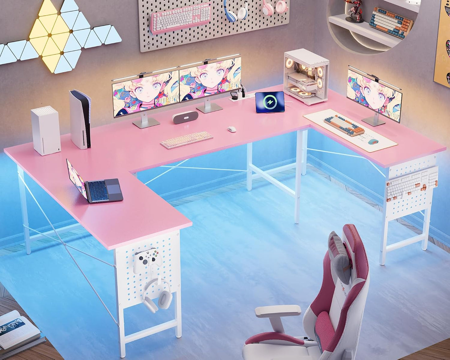 71 Inch Large Computer Desk with Power Outlets,U Shaped Corner Desk for Home Office Work and Gaming Pink