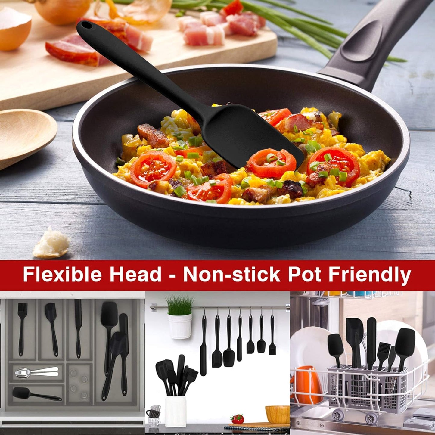 Silicone Spatula Set of 7, Heat-Resistant Rubber Spatulas Kitchen Utensils Set for Non-Stick Cooking Baking Mixing, Seamless & Flexible Design, Dishwasher Safe, Black