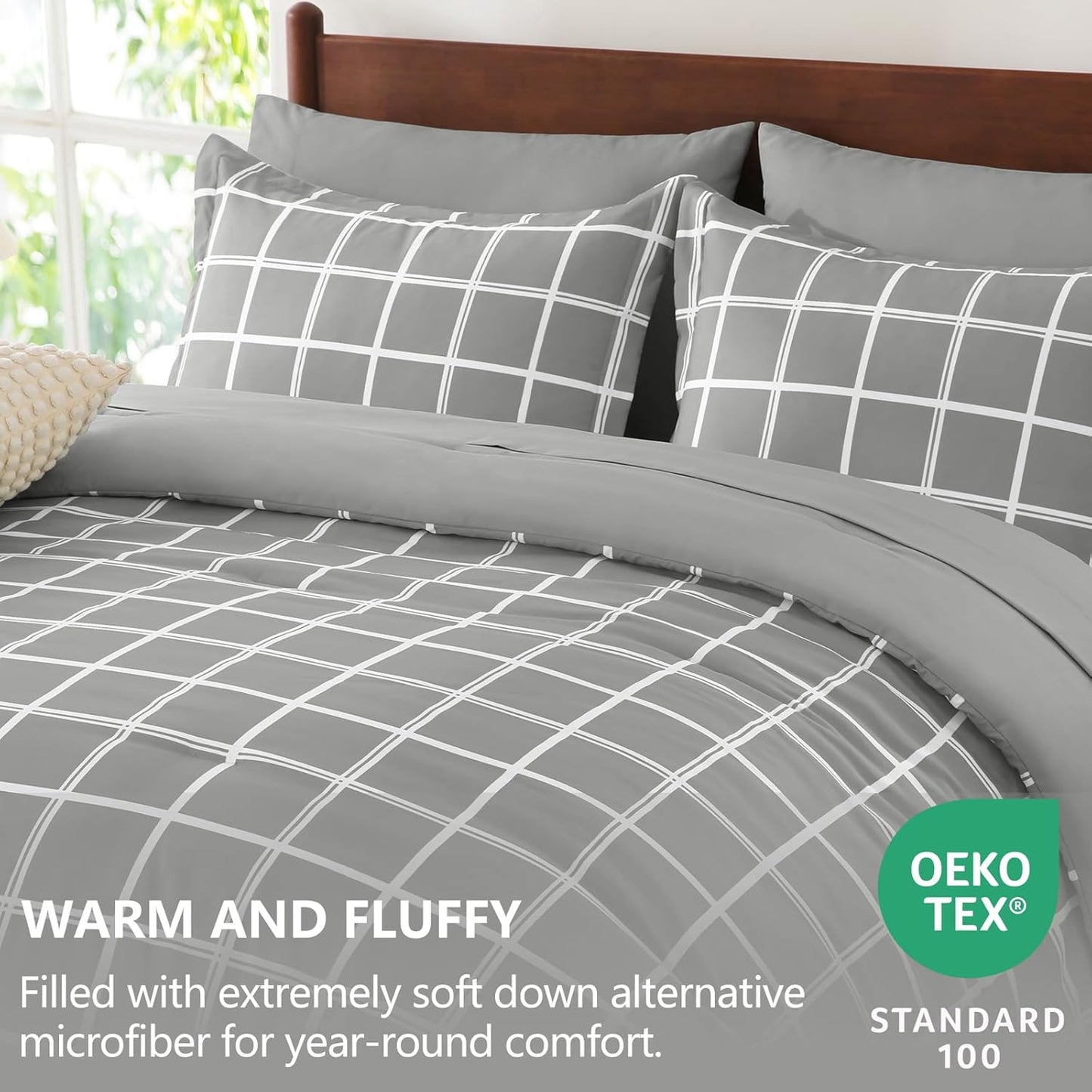 Queen Comforter Set with Sheets - 7 Pieces Plaid Bed in a Bag Set Grey, Soft Queen Bedding Sets Bed Set with All Season Quilted Comforter, Flat Sheet, Fitted Sheet, Pillowcases & Pillow Shams