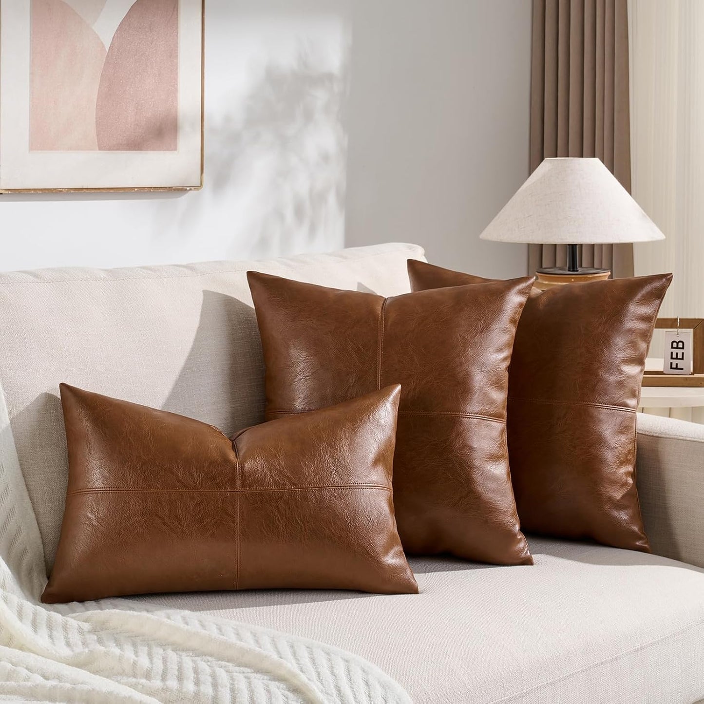 2 Packs Brown Boho Lumbar Faux Leather Decorative Throw Pillow Covers 12X20 Inch for Couch Bed Sofa, Cross Patchwork Textured Rectangle Cushion Case, Rustic Western Farmhouse Home Decor