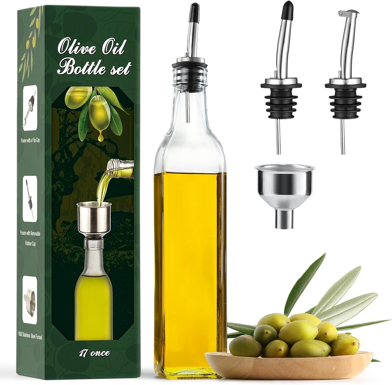 17Oz Clear Glass Olive Oil Dispenser Bottle - 500Ml Oil & Vinegar Cruet with Pourers and Funnel - Olive Oil Carafe Decanter for Kitchen