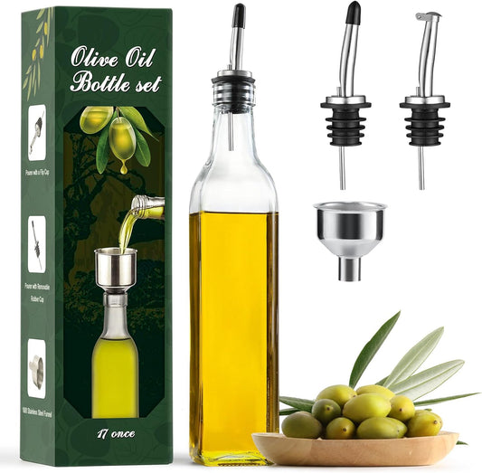 17Oz Clear Glass Olive Oil Dispenser Bottle - 500Ml Oil & Vinegar Cruet with Pourers and Funnel - Olive Oil Carafe Decanter for Kitchen