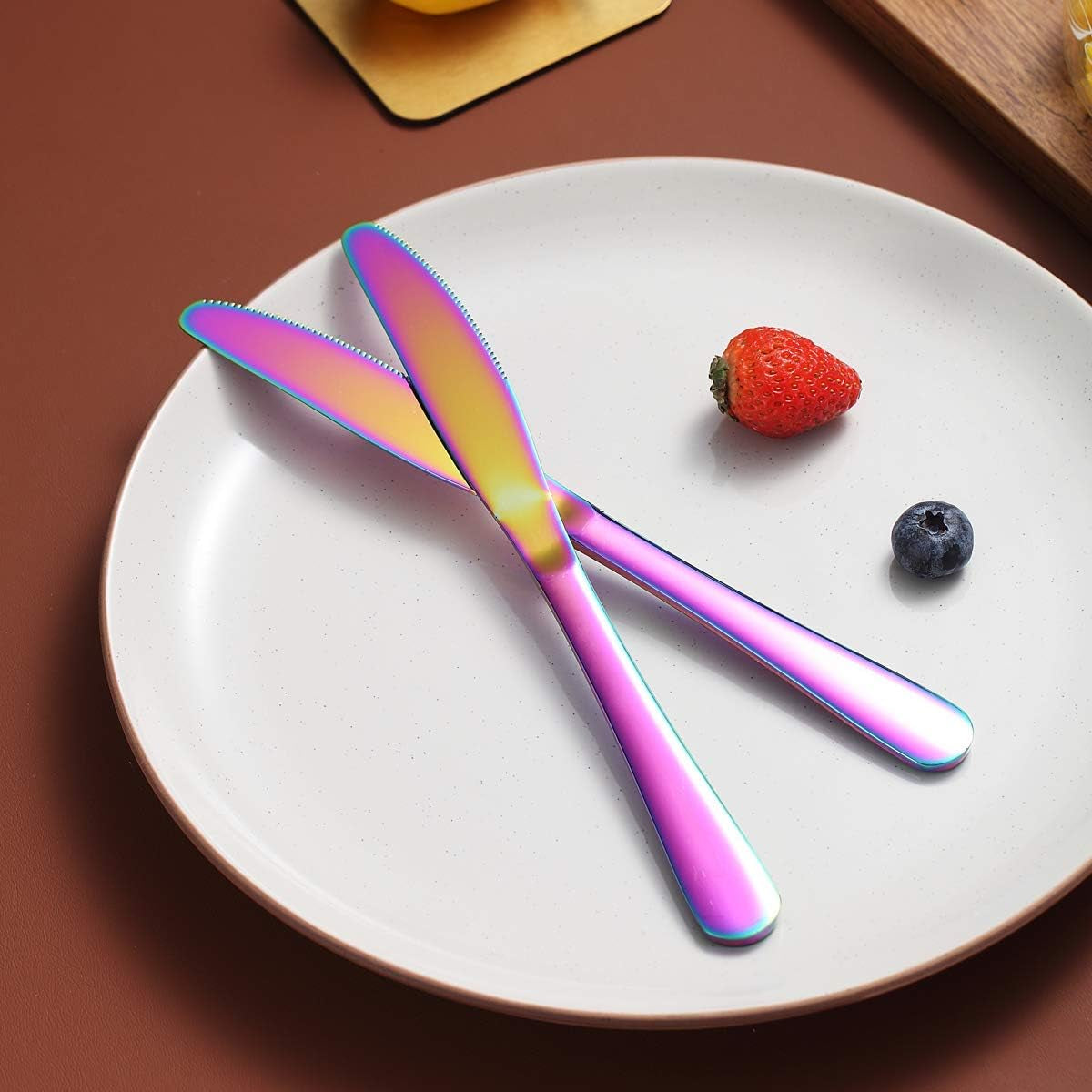 Set of 4 Rainbow Stainless Steel Dinner Knives with Titanium Plating - Colorful and Durable Table Cutlery, Dishwasher Safe