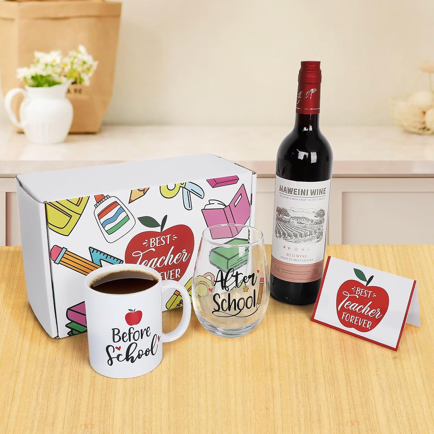 Teacher Appreciation Gifts for Women - 11Oz Coffee Mug & 19Oz Wine Glass, Funny & Thank You Gifts, before & after School Drinks