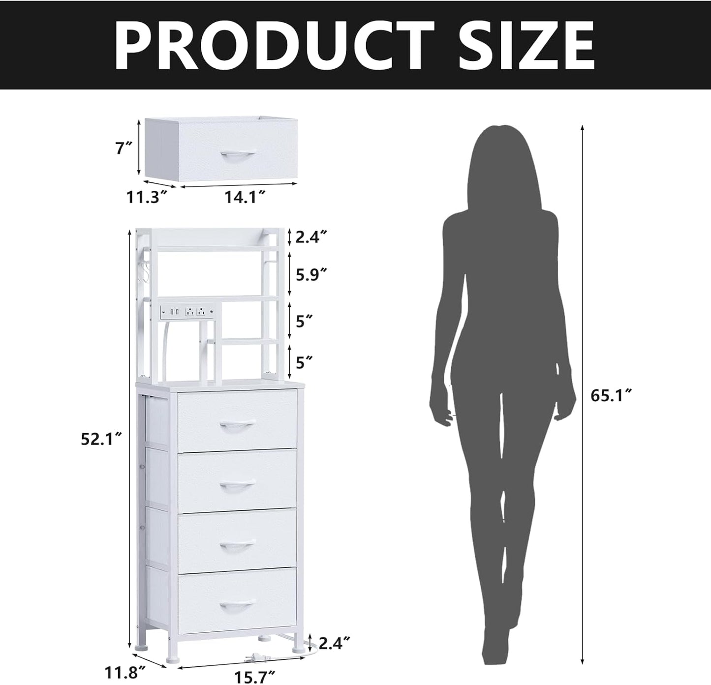 Tall LED Nightstand with Charging Station, USB Ports, 4 PVC Fabric Drawers, and 4-Tier Storage Shelf - Versatile Bedside Table for Bedroom, Dorm, or Office (White)