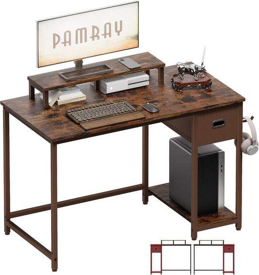 39 Inch Computer Desk with Monitor Stand Small Home Office Desks with Non-Woven Storage Drawer for Bedroom Study Table Writing and Work Desk Vintage,Brown Leg