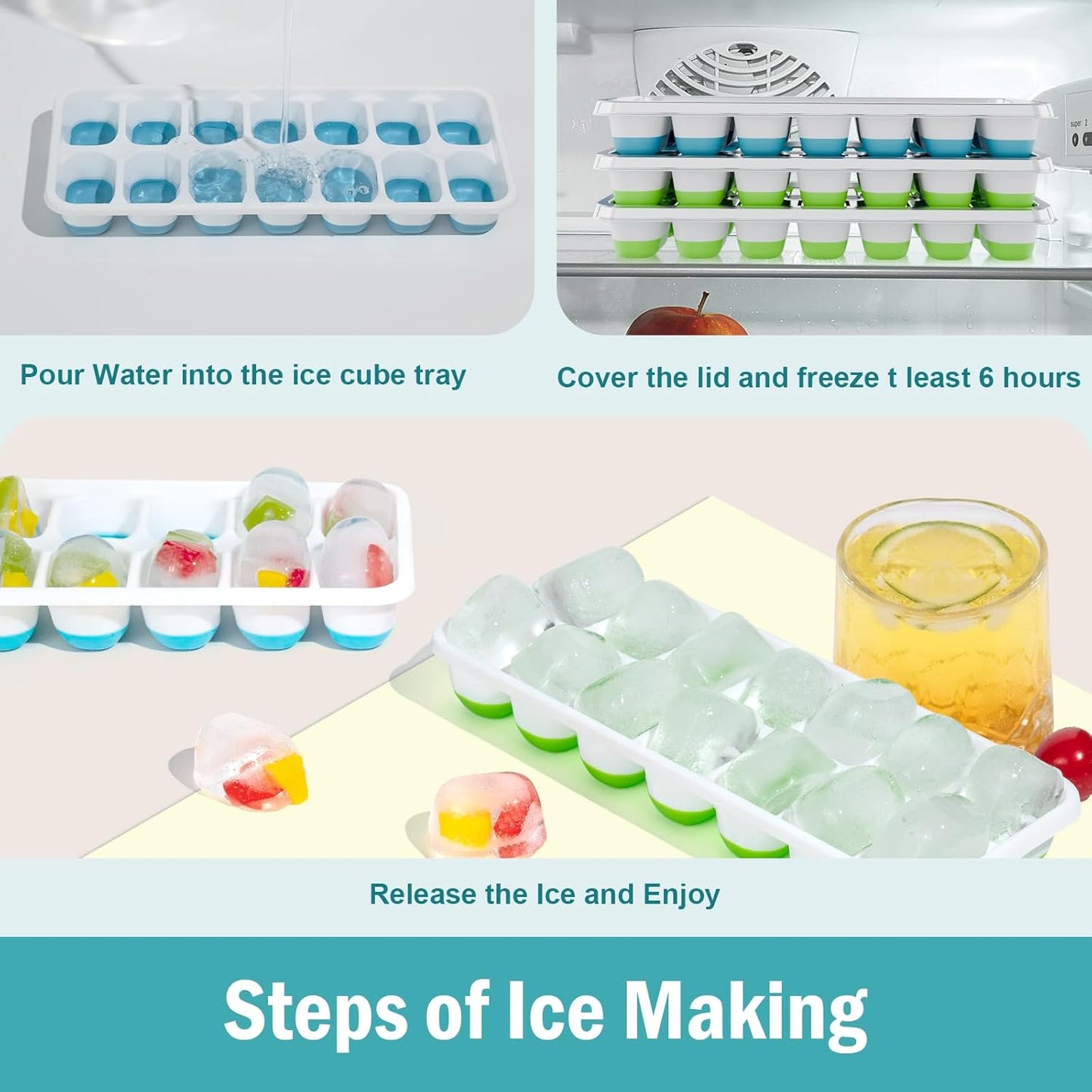 Ice Cube Trays for Freezer - 3 Pack 42 Cubes, Easy to Release Silicone Ice Trays with Spill-Resistant Lids, Reusable Ice Tray,Stackable and Bpa-Free, Perfect for Cocktails, Drinks,And Ice Coffee