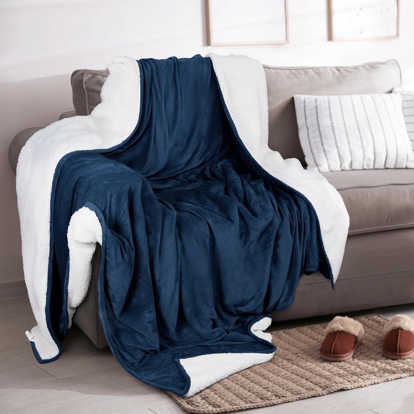 Sherpa Blanket Queen Size (Navy, 90X90 Inches) - Soft Lightweight Plush Fleece Reversible Blanket for Bed, Sofa, Couch, Camping and Travel