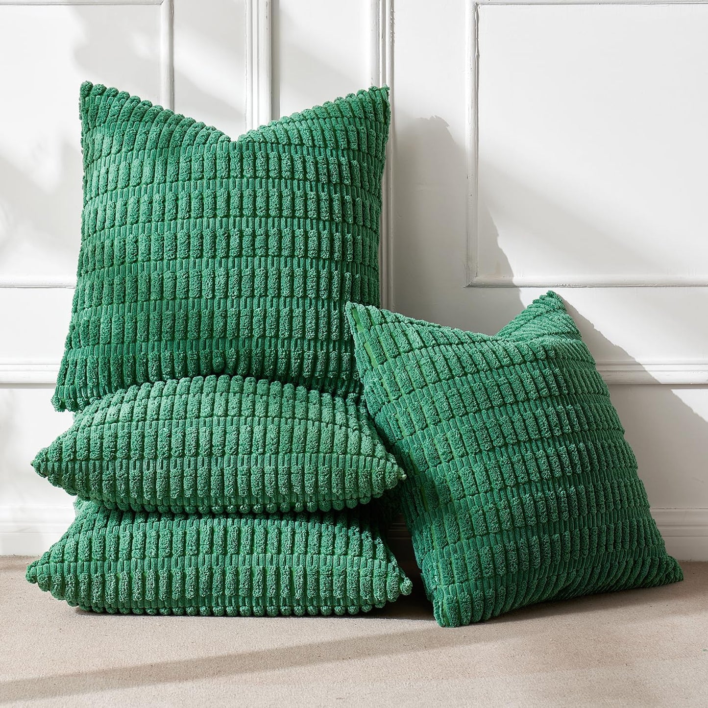 Pack of 4 Forest Green Corduroy Decorative Throw Pillow Covers 18X18 Inch Soft Boho Striped Pillow Covers Modern Farmhouse Home Decor for Sofa Living Room Couch Bed