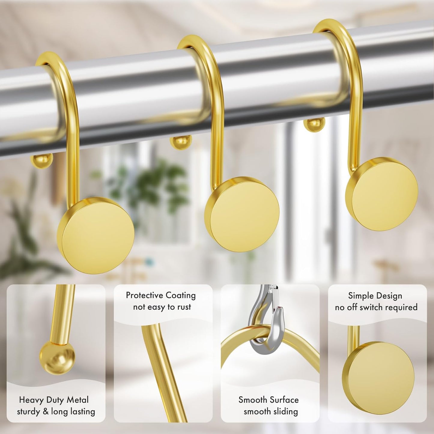 Gold Shower Curtain Hooks, Shower Curtain Rings Modern Decorative Shower Curtain Hooks Rust Proof Smooth Metal Shower Hooks for Shower Curtain Hangers Bathroom Shower Rod Hook, 12Pcs