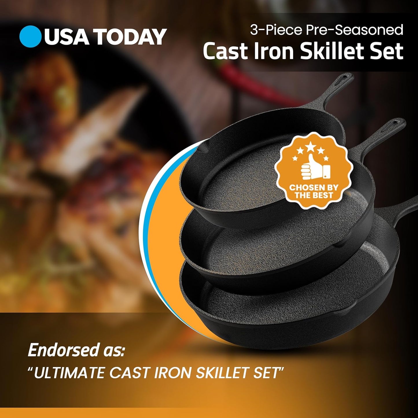 Cast Iron Skillets 3 Piece Set, Chefs Pan, Pre Seasoned Cast Iron Skillets, 6, 8 & 10 Inches, Easy Use in the Oven, Stove, Grill, or Campfire, Black