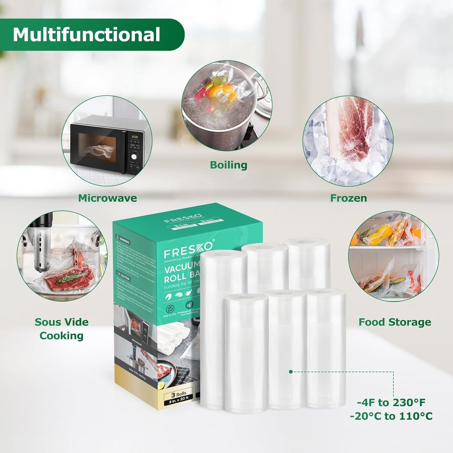 Vacuum Sealer Bags Food Rolls 6 Packs - 8" X 20' & 11" X 20', Commercial Grade Seal a Meal Bags for Storage Food and Sous Vide, BPA Free, Customized Size for Vacuum Sealer
