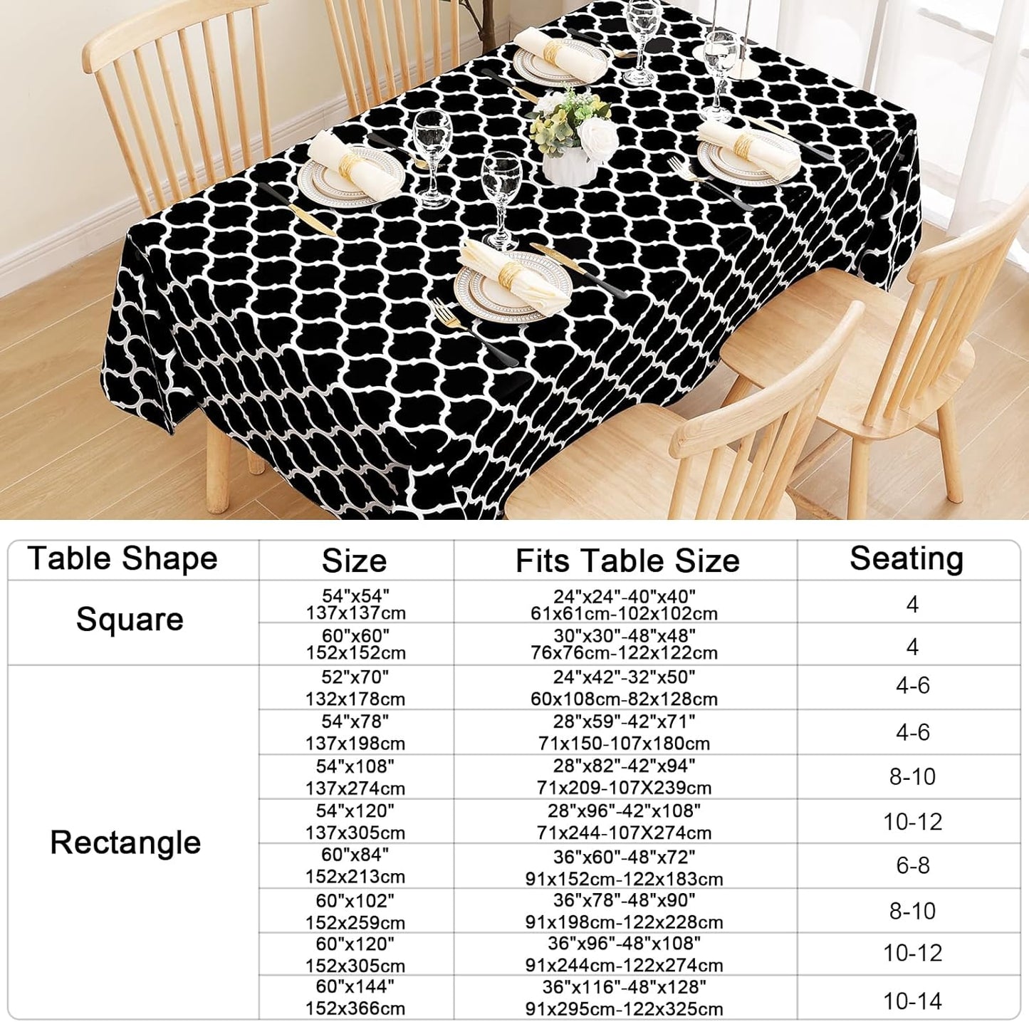 Rectangular Waterproof Vinyl Tablecloth with Flannel Backing, Wipeable and Spillproof for Indoor and Outdoor Use (60" x 84", Black)