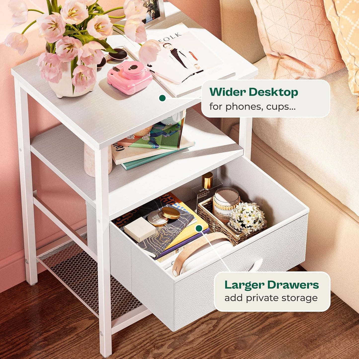 Fabric Drawer Nightstand with Mesh Shelf and Metal Frame, White