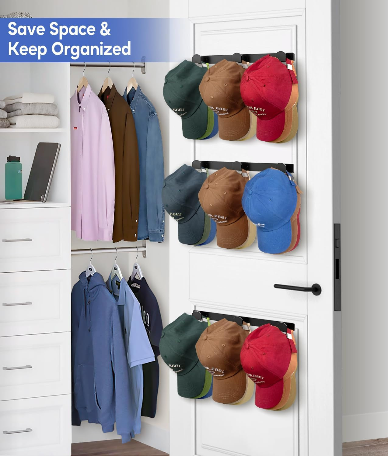 4 Packs Hat Rack for Wall, Hat Organizer for Baseball Caps Holds 36 Hats, 3 Mounting Options Hat Hook Hanger, Strong Baseball Hat Holder Storage, Cap Display for Door, Room, Closet (Black)