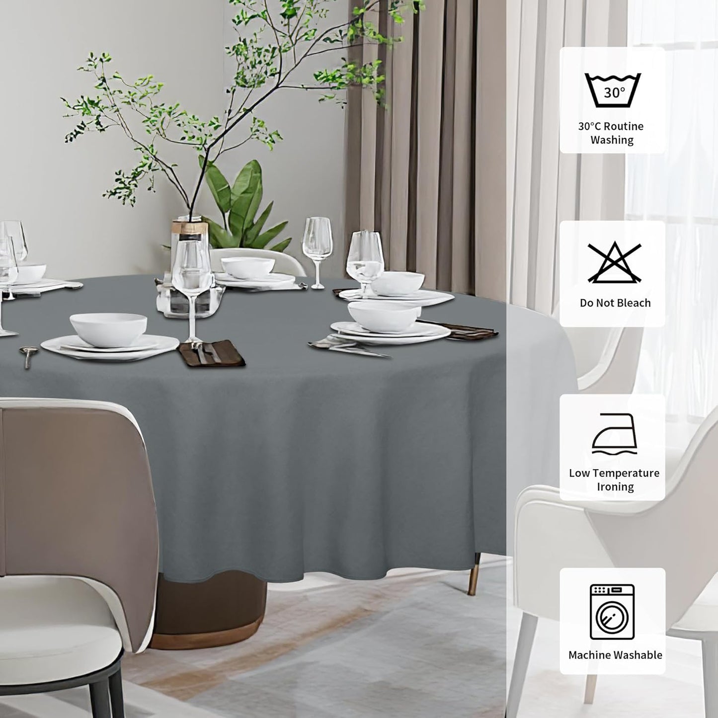Faux Linen Waterproof Spill-Proof Tablecloth Stain Resistant round Table Cloth Wrinkle Free Decorative Fabric for Kitchen, Dining, Party, Weddings, Restaurants (70 In-Round, Dark Grey)