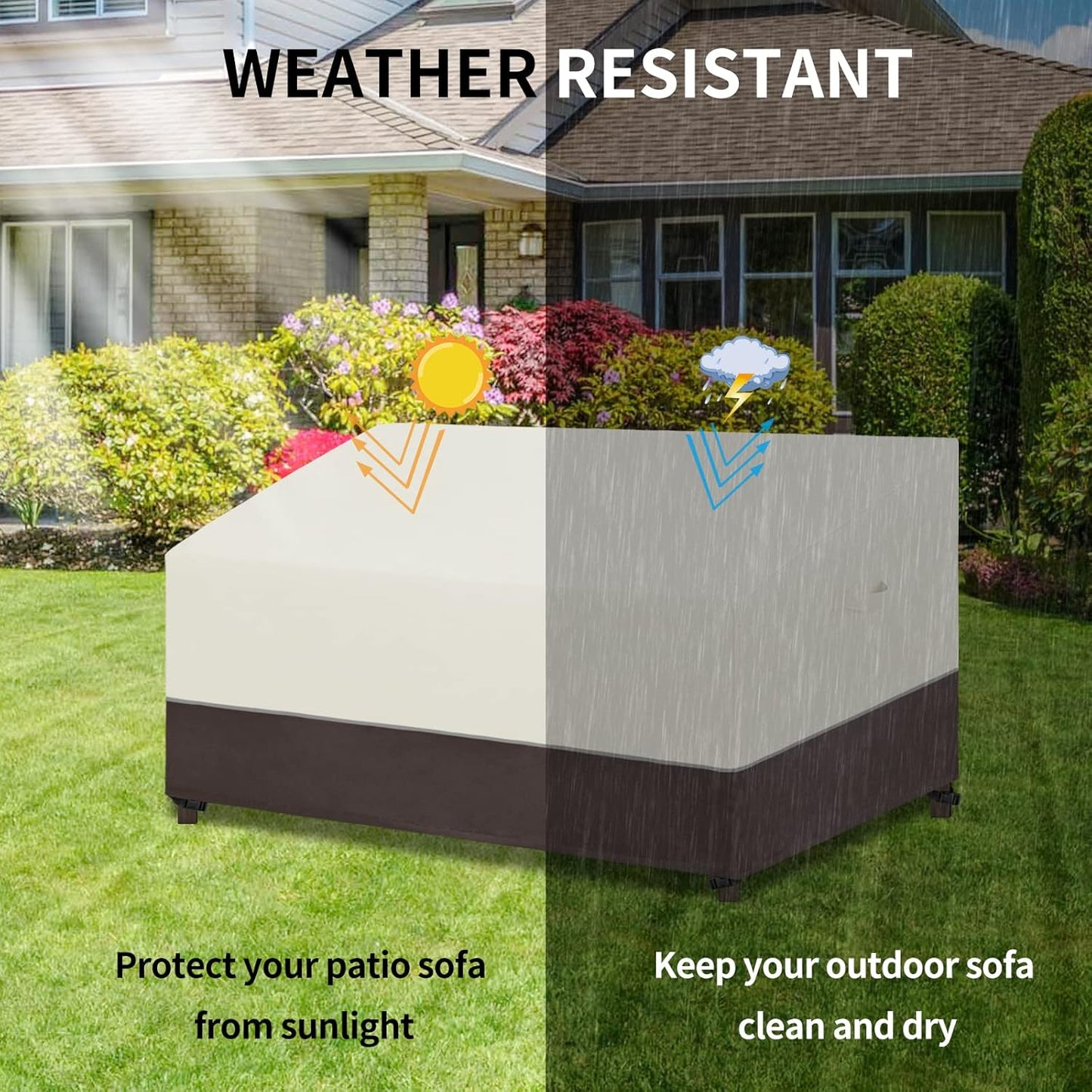 Patio Sofa Cover UV Resistant Outdoor Couch Cover Bicolor Patio 3-Seater Bench Cover Waterproof Outdoor Furniture Cover with Reflective Hemming (79Wx37Dx35H Inch, Beige/Brown)
