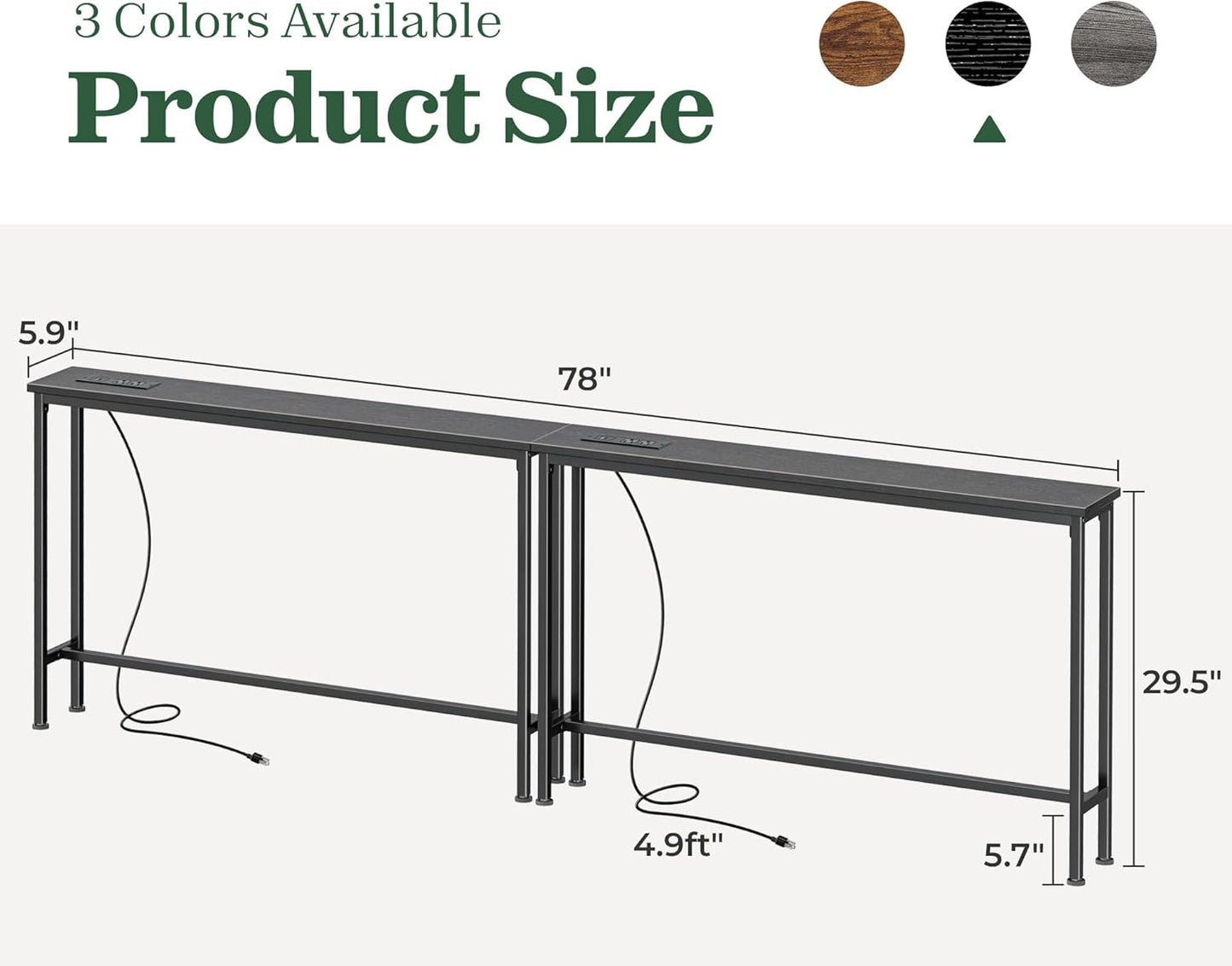 5.9-Inch Narrow Console Table Set with Outlet, 78-Inch Total Length, Behind Couch and Long Entryway Tables with Charging Station for Living Room and Hallway, Black