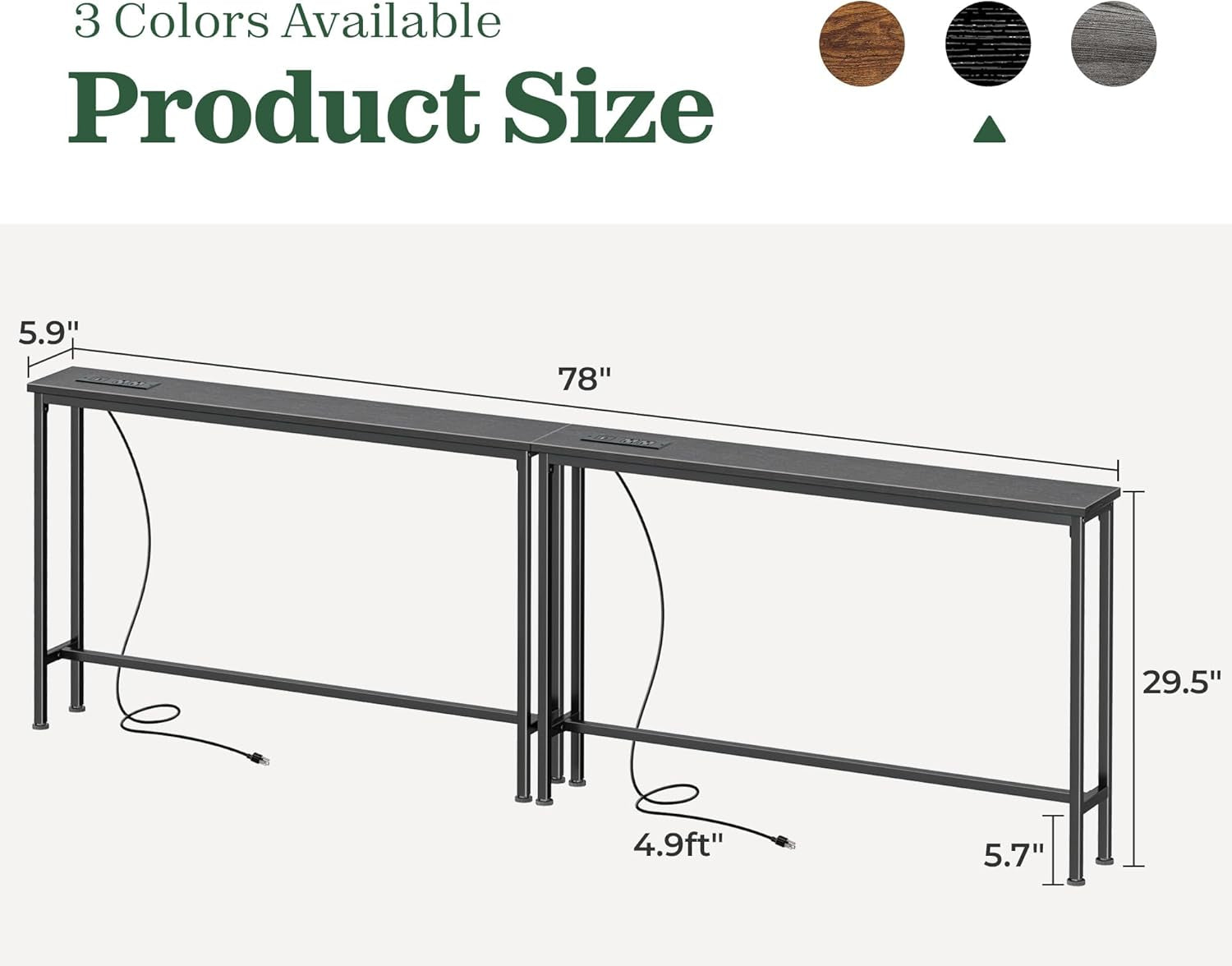 5.9-Inch Narrow Console Table Set with Outlet, 78-Inch Total Length, Behind Couch and Long Entryway Tables with Charging Station for Living Room and Hallway, Black