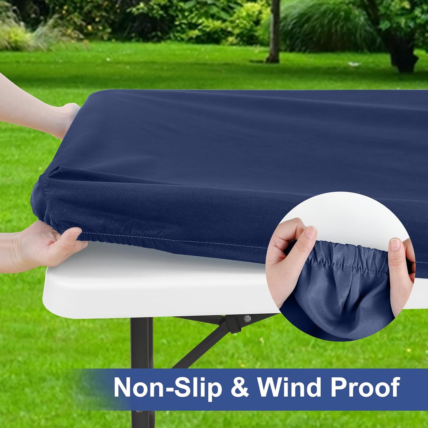 2 Pack 6 Foot Rectangle Elastic Fitted Tablecloth, Waterproof Fabric Table Cover, Washable Polyester Table Cloth for Picnic, Camping, Outdoor (Navy, 30" X 72")
