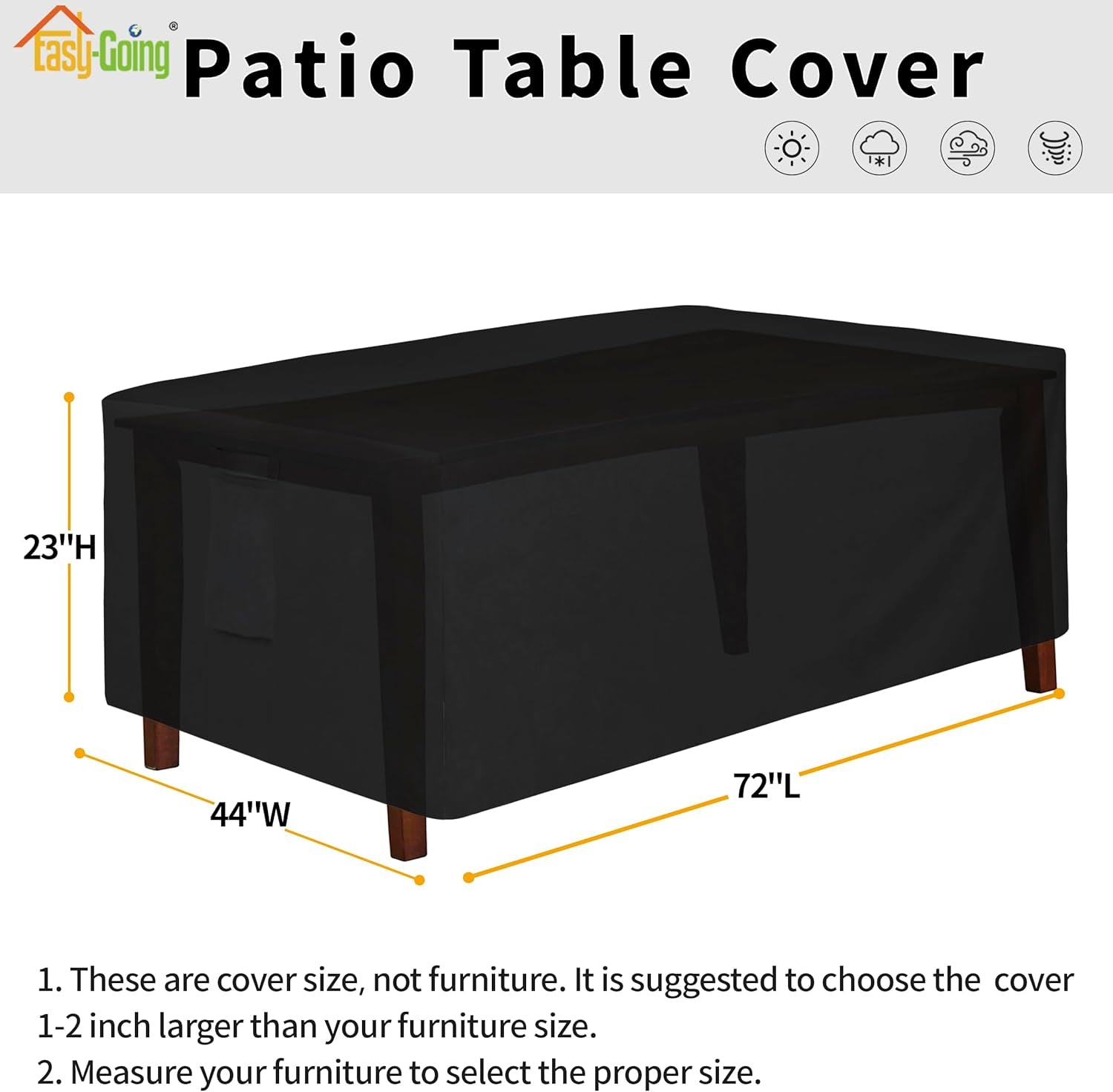600D Heavy Duty Rectangular Table Cover UV Resistant and Waterproof Outdoor Lawn Patio Furniture Cover (72" Lx44 Wx23 H, Black)